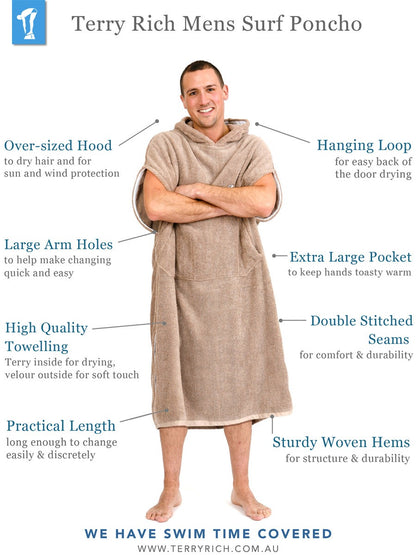 Mens Hooded Towel | Surf Poncho | Stone